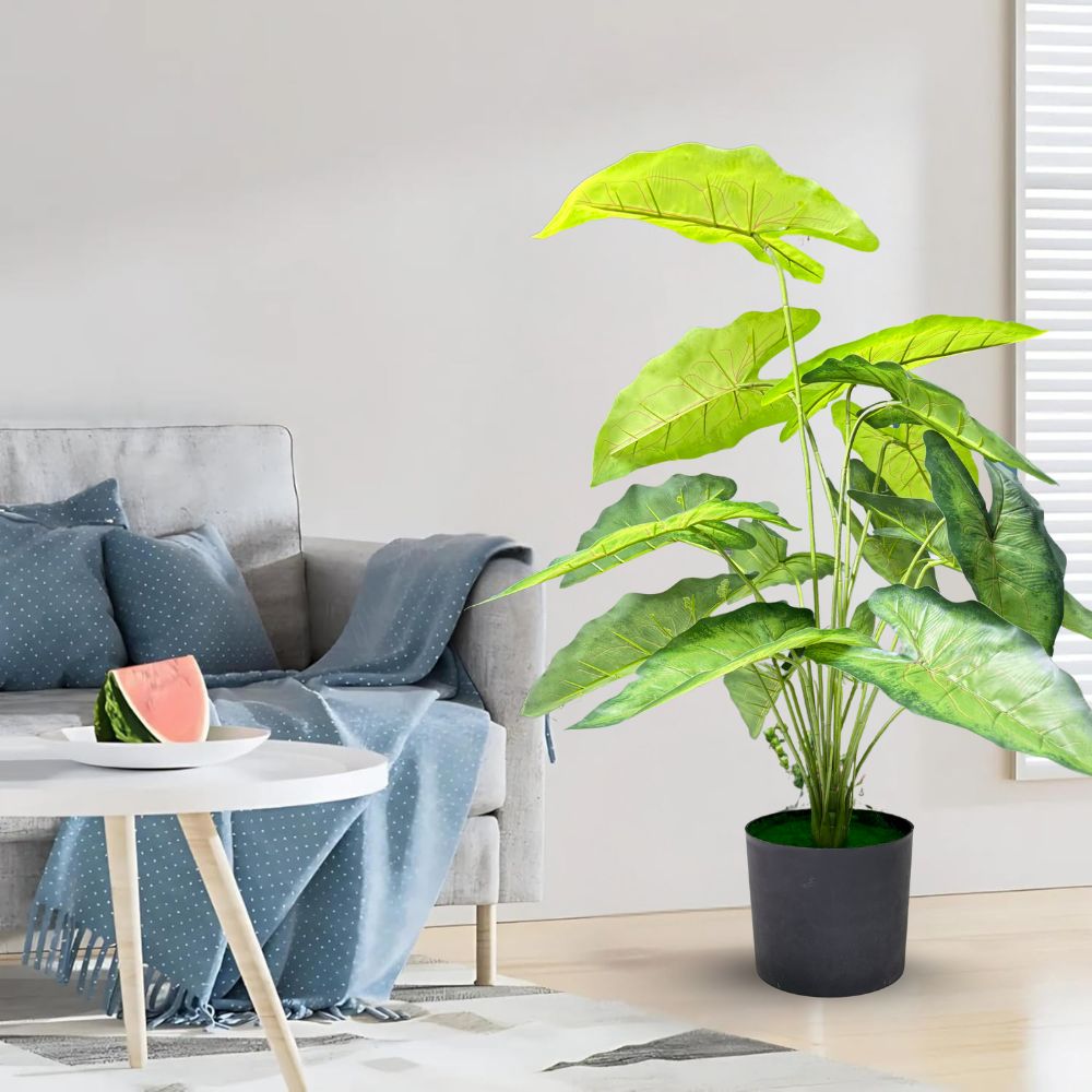Garden Gyani Green Tropicana Fairy Taro Artificial Plant with Pot – Lush Faux Potted Plant for Home, Office & Indoor Décor