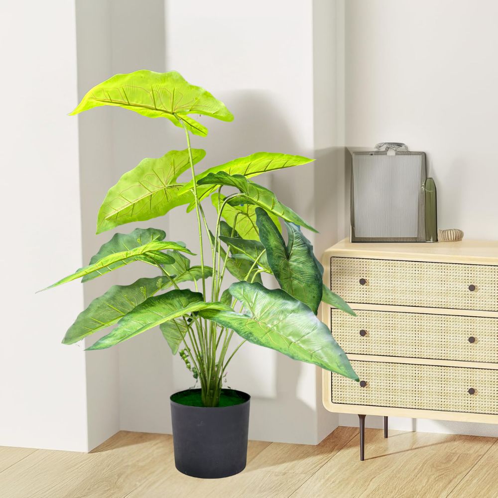 Garden Gyani Green Tropicana Fairy Taro Artificial Plant with Pot – Lush Faux Potted Plant for Home, Office & Indoor Décor