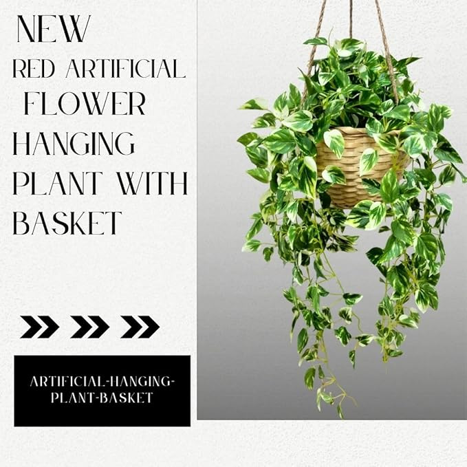 Garden Gyani Artificial Hanging Plants – Fern Vine & Multicolor Flowers | Faux Greenery for Indoor, Balcony & Garden | With Plastic & Wooden Pot
