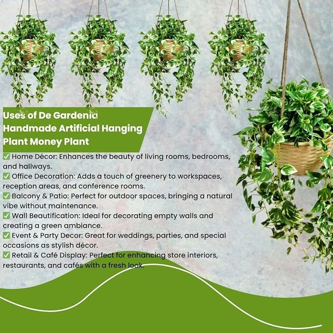 Garden Gyani Artificial Hanging Plants – Fern Vine & Multicolor Flowers | Faux Greenery for Indoor, Balcony & Garden | With Plastic & Wooden Pot