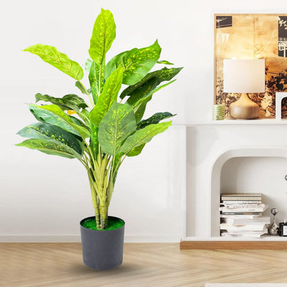 Garden Gyani Artificial Dieffenbachia Plant with Pot – 80cm Tall Faux Indoor Plant with Broad Green & Cream Leaves | 4 Stems | Realistic Decorative Plant for Home & Office