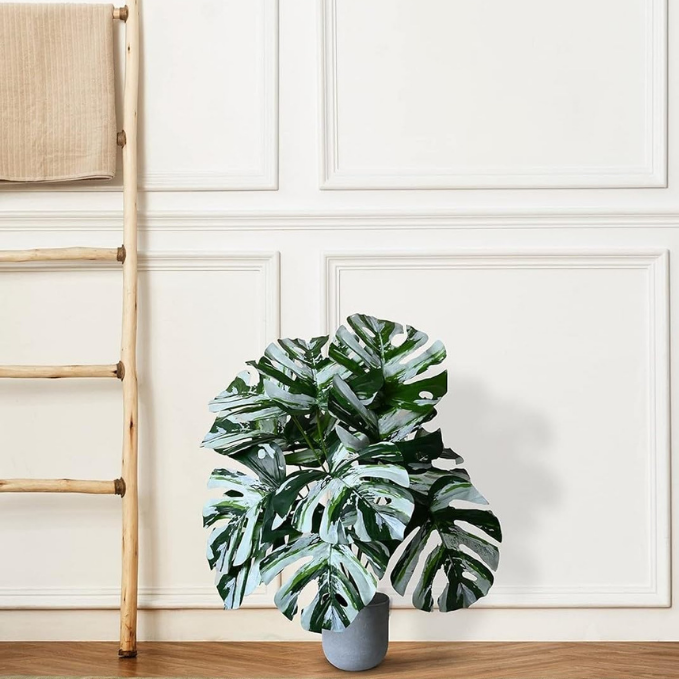 Garden Gyani Artificial Monstera Plant – 78.7 cm Tall with Black Pot | 18 Green & White Leaves | Realistic Faux Decorative Plant for Home, Office & Interior Décor