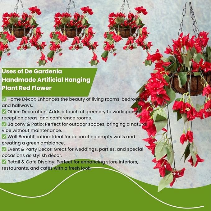 Garden Gyani Artificial Hanging Plants – Fern Vine & Multicolor Flowers | Faux Greenery for Indoor, Balcony, Garden | Plastic & Wooden Pot
