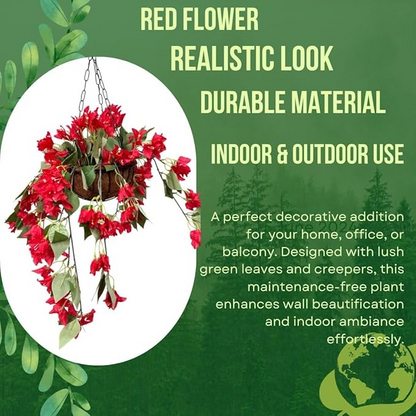 Garden Gyani Artificial Hanging Plants – Fern Vine & Multicolor Flowers | Faux Greenery for Indoor, Balcony, Garden | Plastic & Wooden Pot