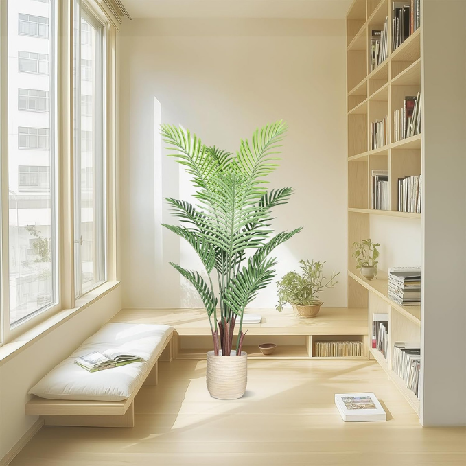 Garden Gyani Artificial Palm Tree – 4FT Tall Faux Areca Floor Plant with Black Tall Planter | Indoor Tropical Greenery for Home, Office & Living Room Décor | Adjustable Silk Leaves