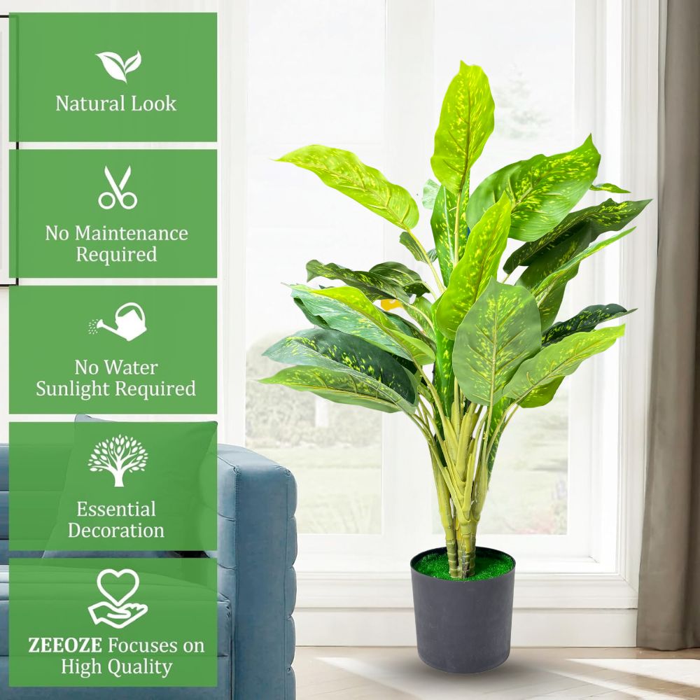 Garden Gyani Artificial Dieffenbachia Plant with Pot – 80cm Tall Faux Indoor Plant with Broad Green & Cream Leaves | 4 Stems | Realistic Decorative Plant for Home & Office