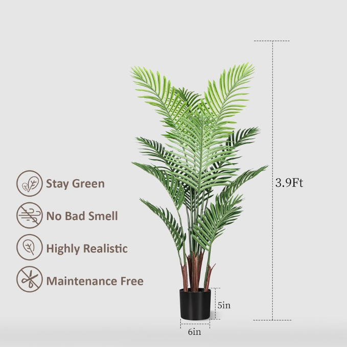 Garden Gyani Artificial Palm Tree – 4FT Tall Faux Areca Floor Plant with Black Tall Planter | Indoor Tropical Greenery for Home, Office & Living Room Décor | Adjustable Silk Leaves