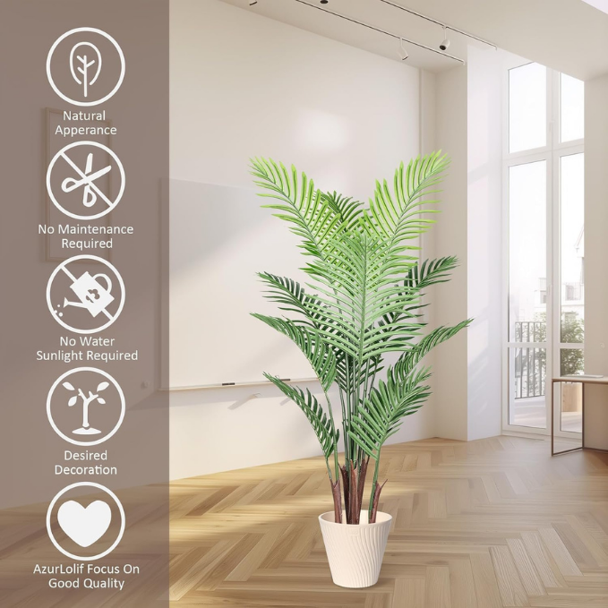 Garden Gyani Artificial Palm Tree – 4FT Tall Faux Areca Floor Plant with Black Tall Planter | Indoor Tropical Greenery for Home, Office & Living Room Décor | Adjustable Silk Leaves