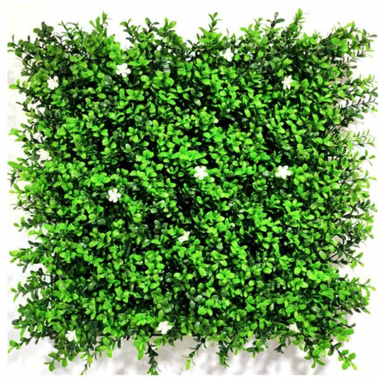 Garden Gyani Artificial Vertical Garden Panel 50×50 cm | Green Leaf with White Flower Wall | UV Protected Indoor Outdoor Decor