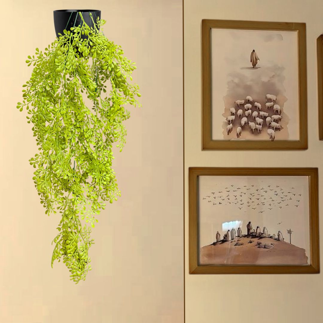 Garden Gyani Artificial Hanging Plant with Basket – Realistic Green Leaves & Creepers for Home, Living Room & Wall Decoration