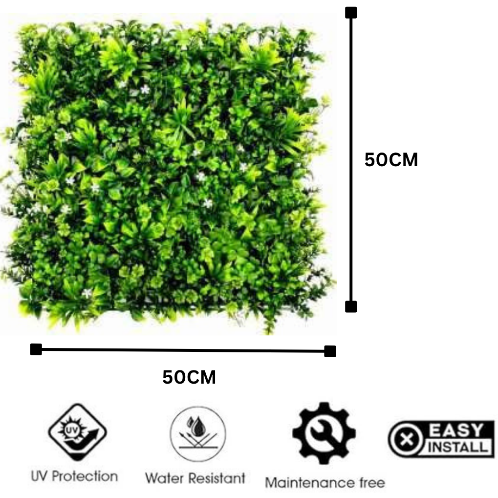 Garden Gyani Artificial Vertical Garden Panel 50×50 cm | Premium Mixed Foliage with White Flowers | UV Protected Indoor Outdoor Decor