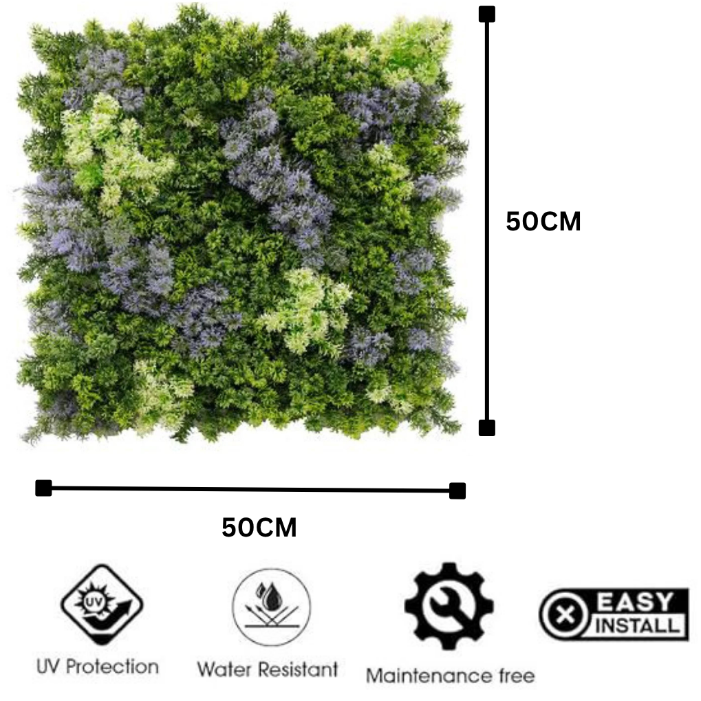 Garden Gyani Artificial Vertical Garden Panel 50×50 cm | Mixed Green Foliage with Lavender & Cream Highlights | UV Protected Indoor Outdoor Decor
