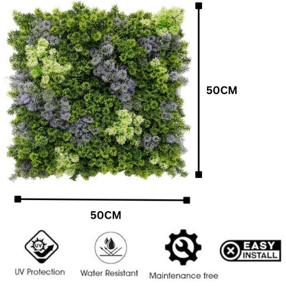 Garden Gyani Artificial Vertical Garden Panel 50×50 cm | Mixed Green Foliage with Lavender & Cream Highlights | UV Protected Indoor Outdoor Decor
