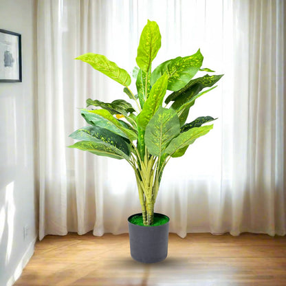Garden Gyani Artificial Dieffenbachia Plant with Pot – 80cm Tall Faux Indoor Plant with Broad Green & Cream Leaves | 4 Stems | Realistic Decorative Plant for Home & Office
