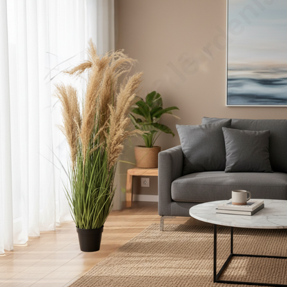 Garden Gyani Natural Reed Pampas – 105 cm Tall Artificial Plant with Pot | Lifelike Faux Home & Office Décor