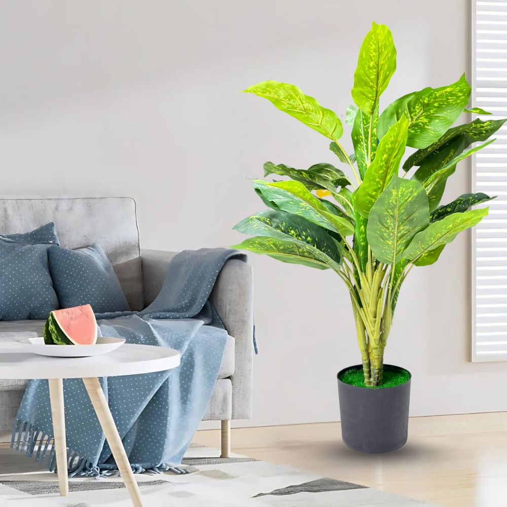 Garden Gyani Artificial Dieffenbachia Plant with Pot – 80cm Tall Faux Indoor Plant with Broad Green & Cream Leaves | 4 Stems | Realistic Decorative Plant for Home & Office