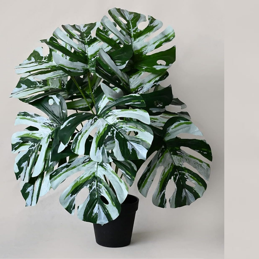 Garden Gyani Artificial Palm Plant with Pot – White Monstera Faux Tropical Plant with 18 Leaves | UV-Resistant Outdoor & Indoor Decoration | Large Turtle Leaf Palm Tree Style