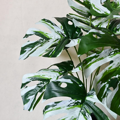 Garden Gyani Artificial Palm Plant with Pot – White Monstera Faux Tropical Plant with 18 Leaves | UV-Resistant Outdoor & Indoor Decoration | Large Turtle Leaf Palm Tree Style