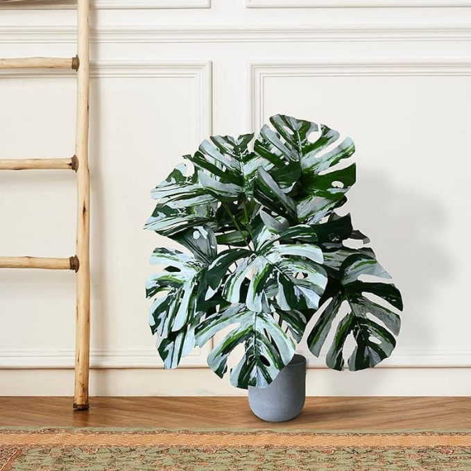 Garden Gyani Artificial Palm Plant with Pot – White Monstera Faux Tropical Plant with 18 Leaves | UV-Resistant Outdoor & Indoor Decoration | Large Turtle Leaf Palm Tree Style