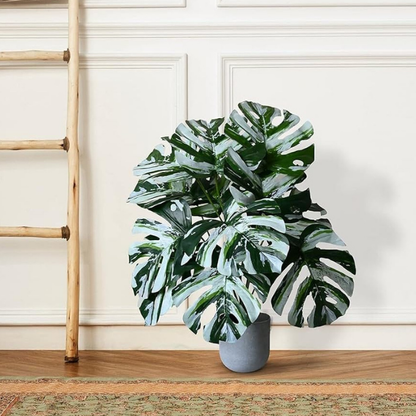 Garden Gyani Artificial Palm Plant with Pot – White Monstera Faux Tropical Plant with 18 Leaves | UV-Resistant Outdoor & Indoor Decoration | Large Turtle Leaf Palm Tree Style