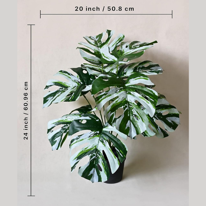 Garden Gyani Artificial Palm Plant with Pot – White Monstera Faux Tropical Plant with 18 Leaves | UV-Resistant Outdoor & Indoor Decoration | Large Turtle Leaf Palm Tree Style
